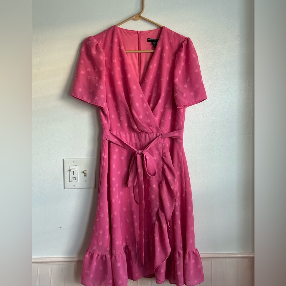 Pink Polka Dot Dress Maggy London Size 10 Knee Length Coquette Faux Wrap - Picture 4 of 8